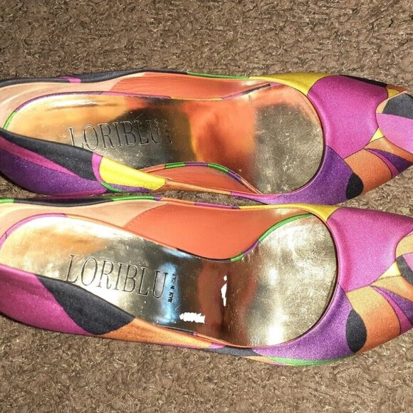 LORIBLU-Color Block-Multi-Color-Satin Heels-Peep-ToeSize 37/6.5-Excellent - Picture 6 of 7
